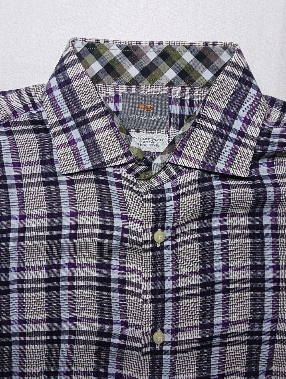 Thomas Dean Mens Pima Cotton Button Up Shirt Medium Plaid Purple Gray Black